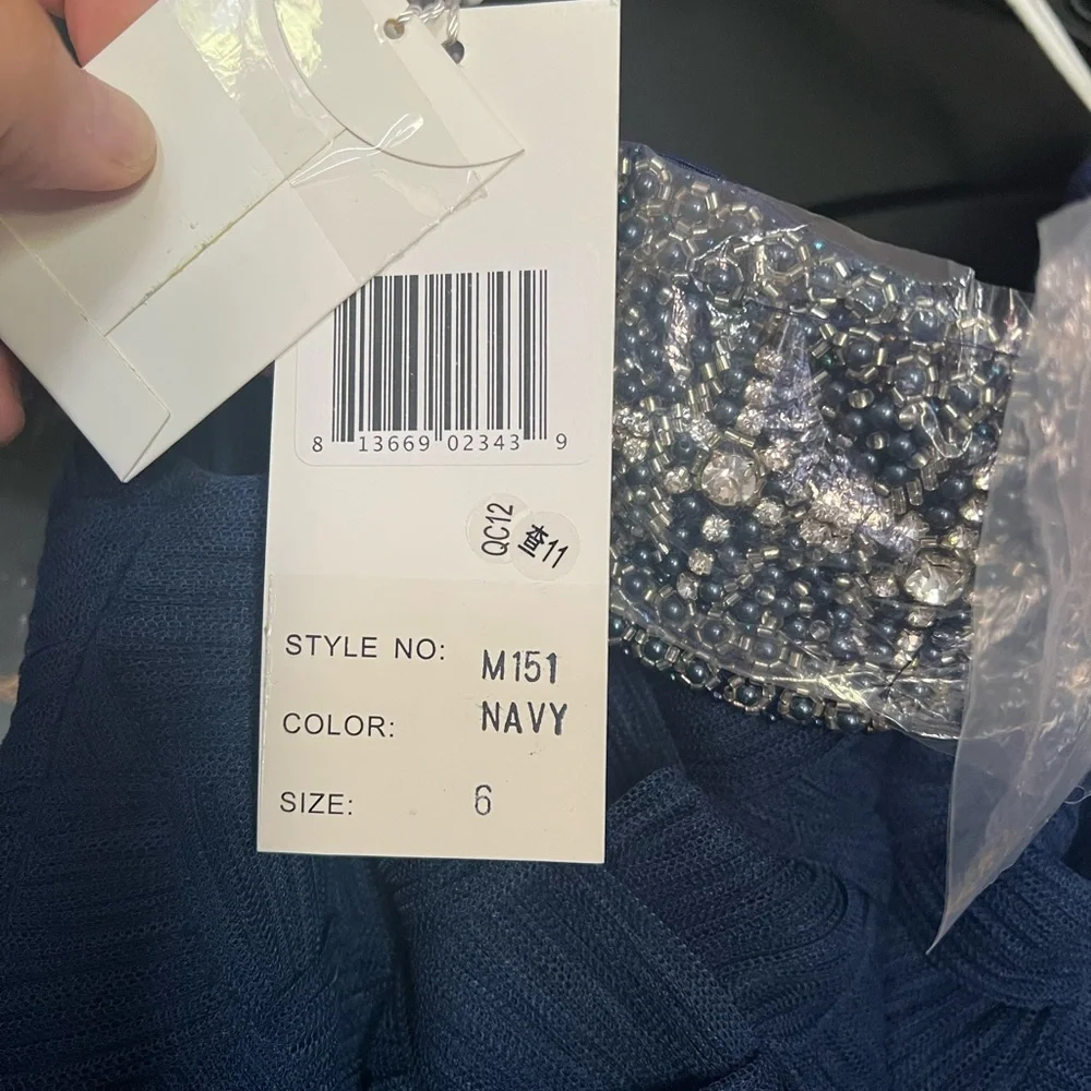 Chic Navy Blue Maxi Dress with Embellished Neckline - Picture 6 of 7